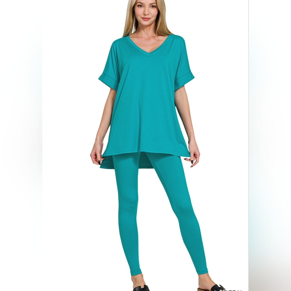 Zenana Teal V-Neck Tunic and Leggings Set
